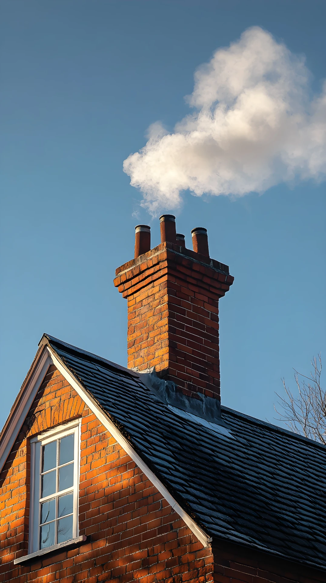 Close view of a traditional red brick chimney stack and its pots above the roof line