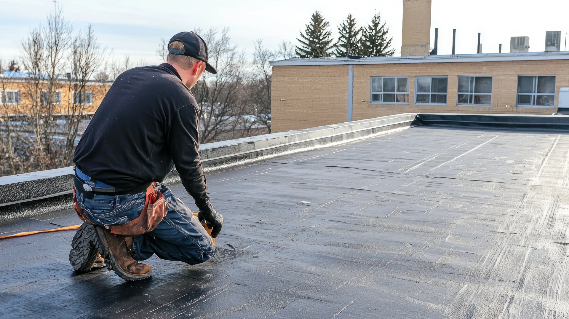 Roofer checking the laps and upstand of an existing flat roof before quoting
