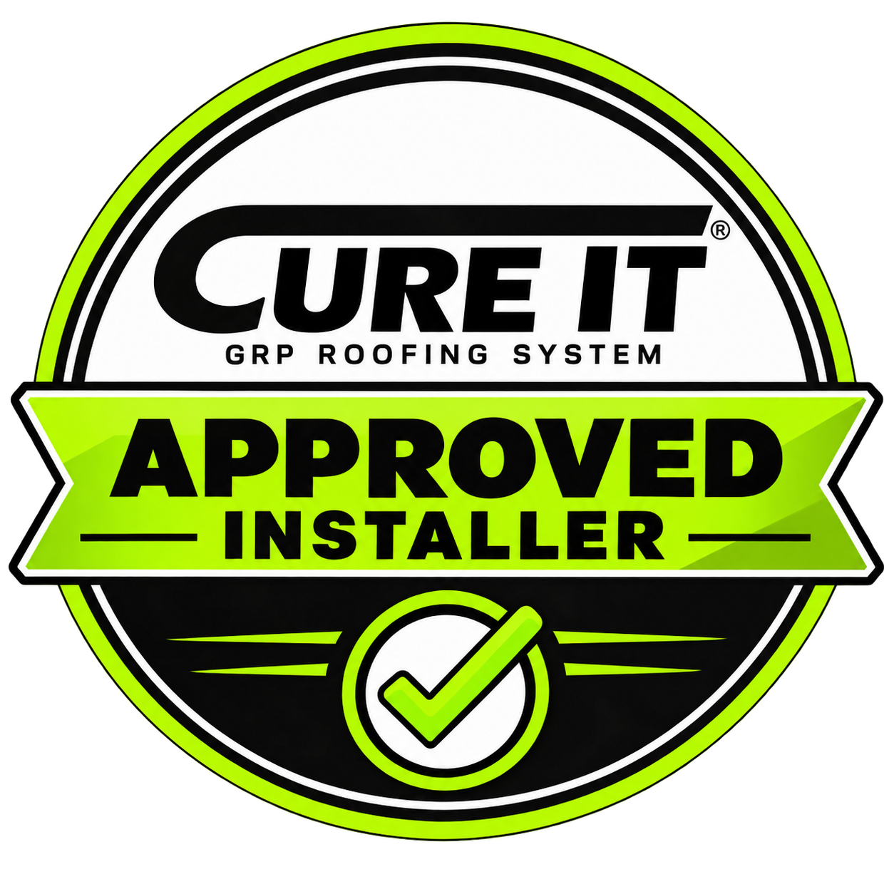 Cure It GRP roofing system badge; approval status to be confirmed