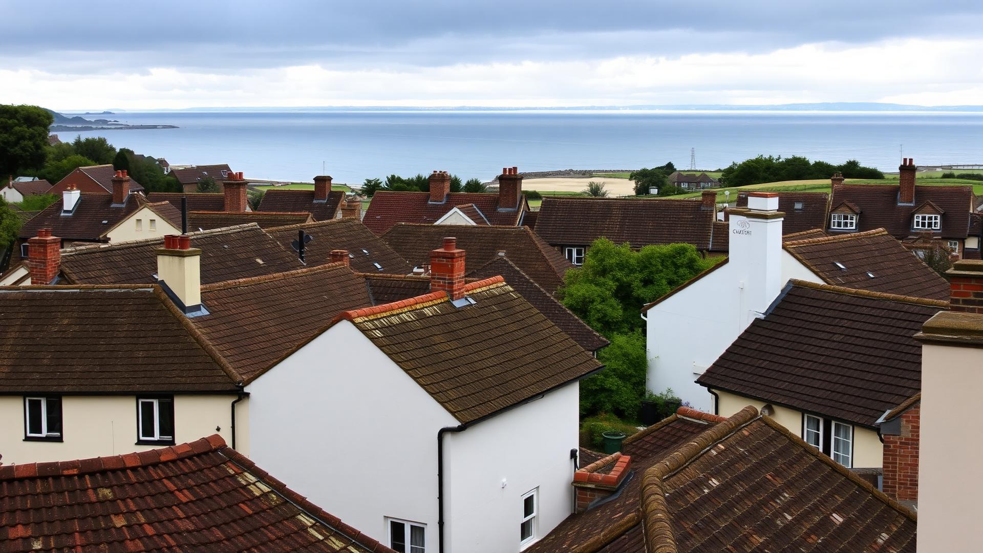 Rooftops of a Dorset coastal town with the sea beyond