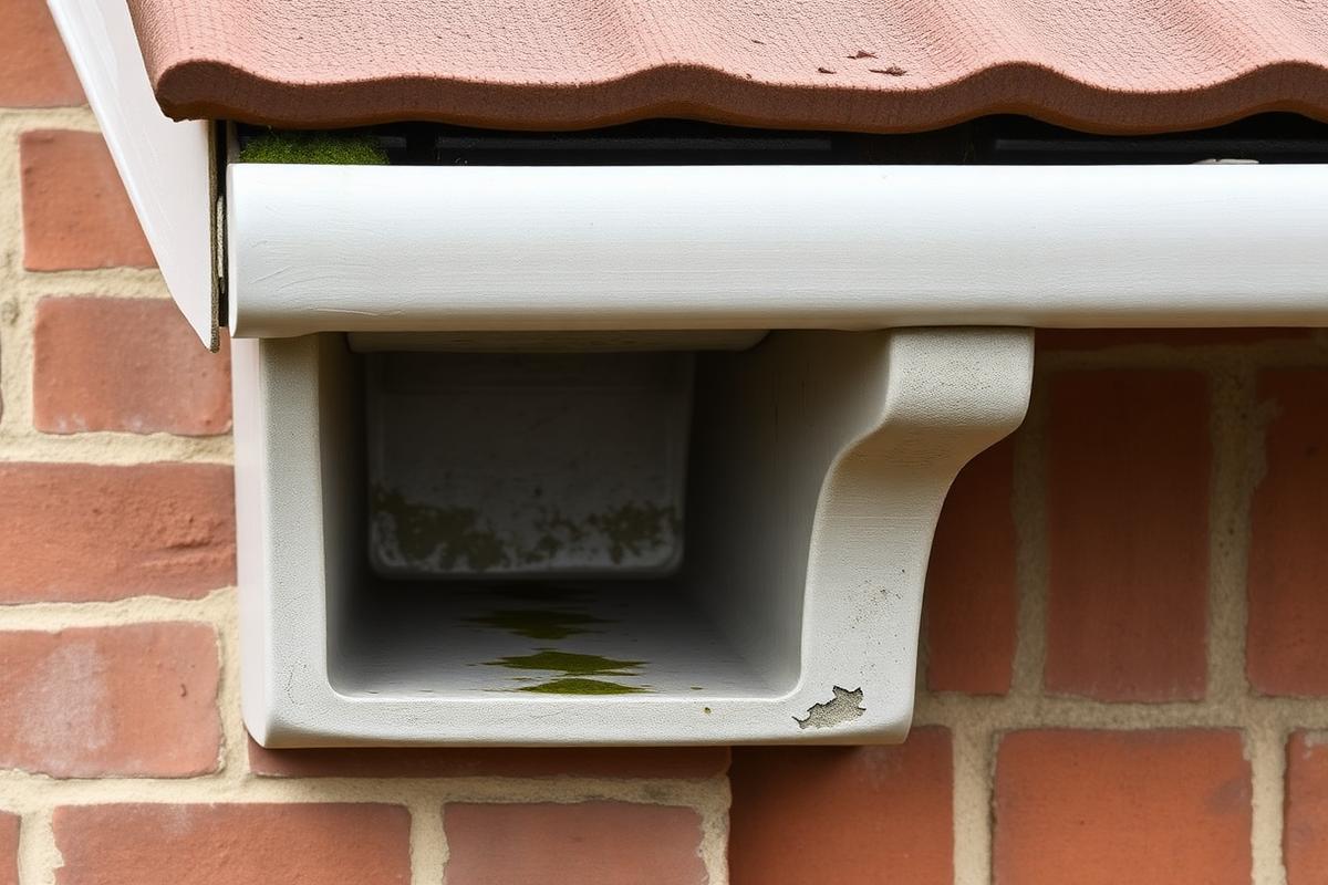 Close-up of a weathered Finlock concrete gutter built into the eaves of a post-war brick house, with moss in the trough