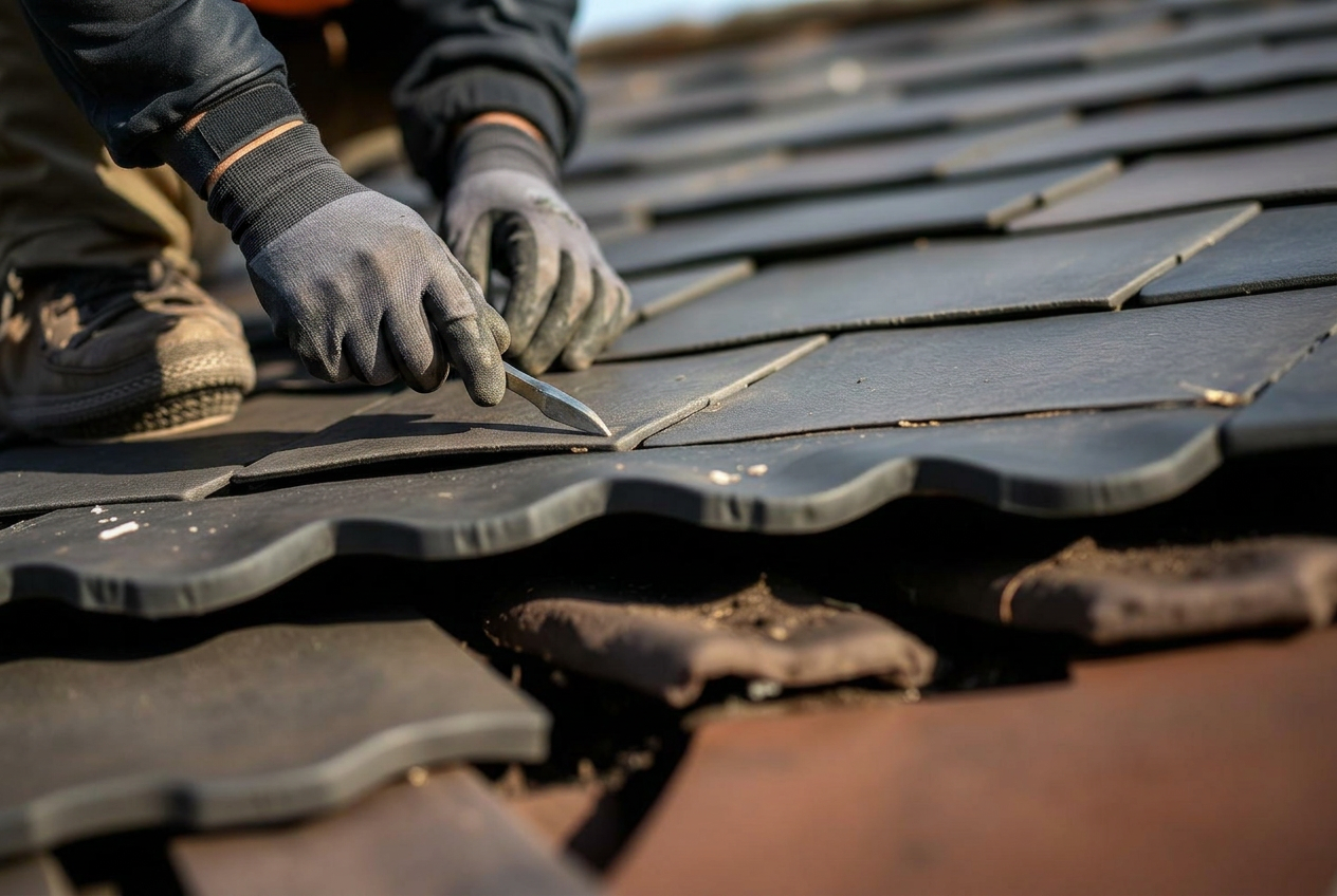 Roofer replacing slipped slate tiles during a roof repair