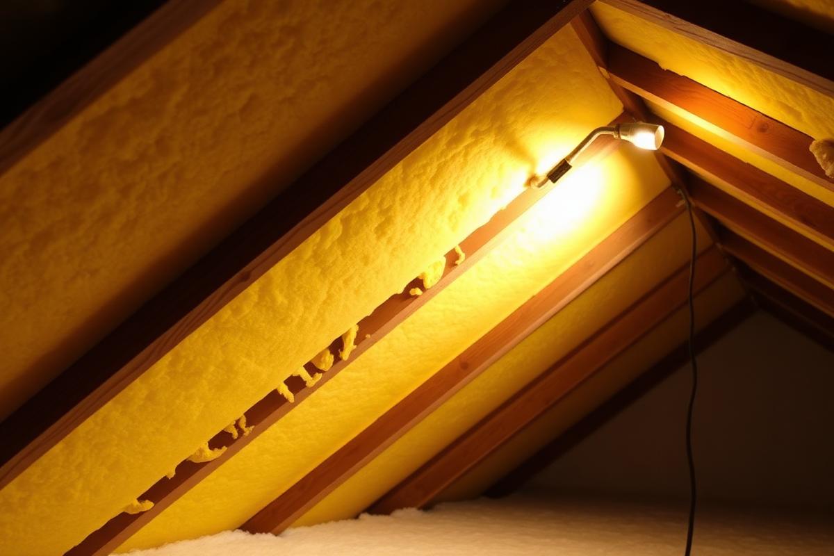 Spray foam insulation applied between roof rafters in a loft